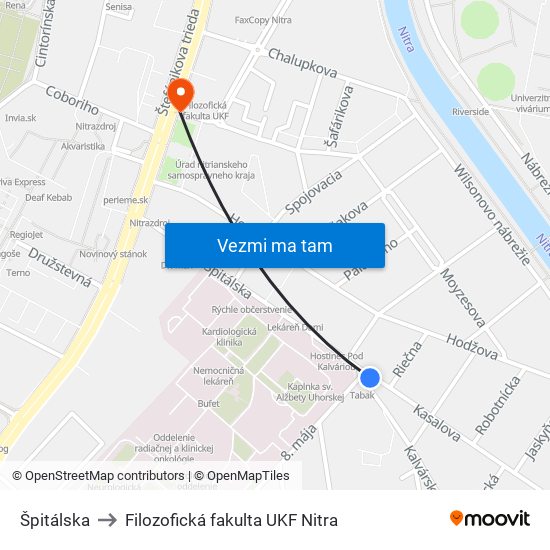 Špitálska to Filozofická fakulta UKF Nitra map