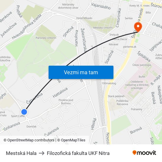 Mestská Hala to Filozofická fakulta UKF Nitra map