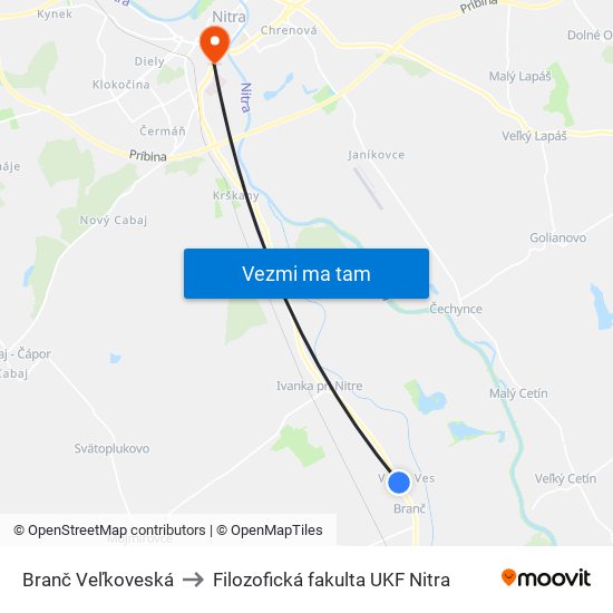 Branč Veľkoveská to Filozofická fakulta UKF Nitra map