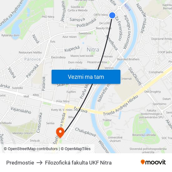 Predmostie to Filozofická fakulta UKF Nitra map