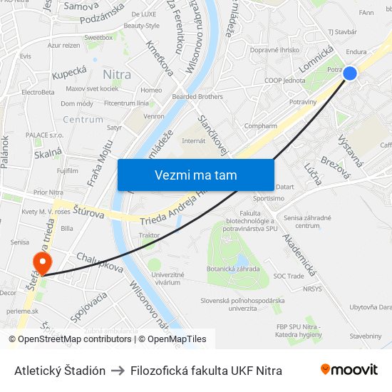 Atletický Štadión to Filozofická fakulta UKF Nitra map