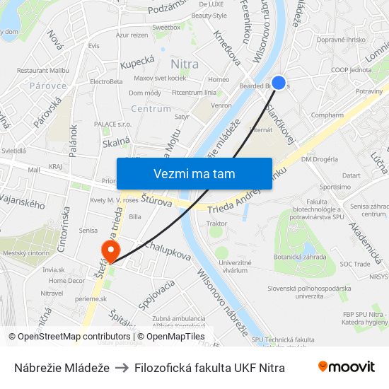 Nábrežie Mládeže to Filozofická fakulta UKF Nitra map