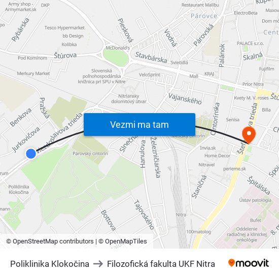 Poliklinika Klokočina to Filozofická fakulta UKF Nitra map