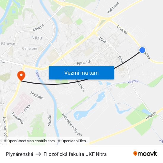 Plynárenská to Filozofická fakulta UKF Nitra map