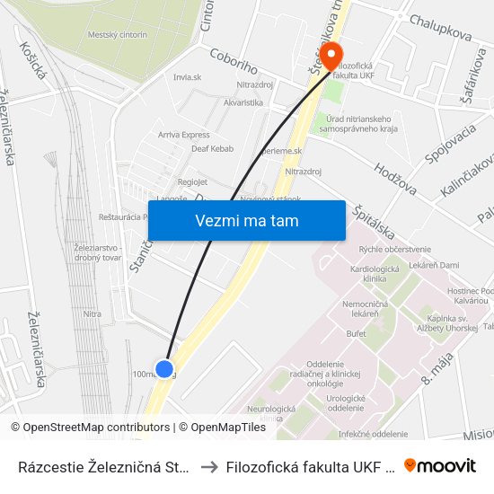 Rázcestie Železničná Stanica to Filozofická fakulta UKF Nitra map