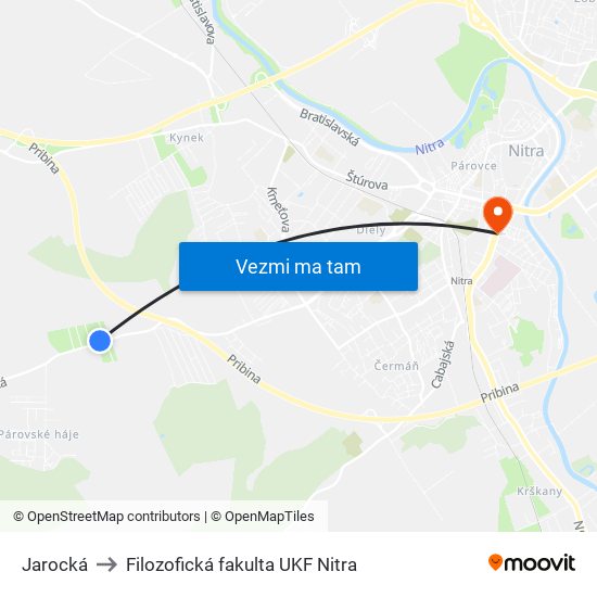 Jarocká to Filozofická fakulta UKF Nitra map