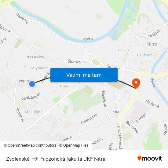 Zvolenská to Filozofická fakulta UKF Nitra map