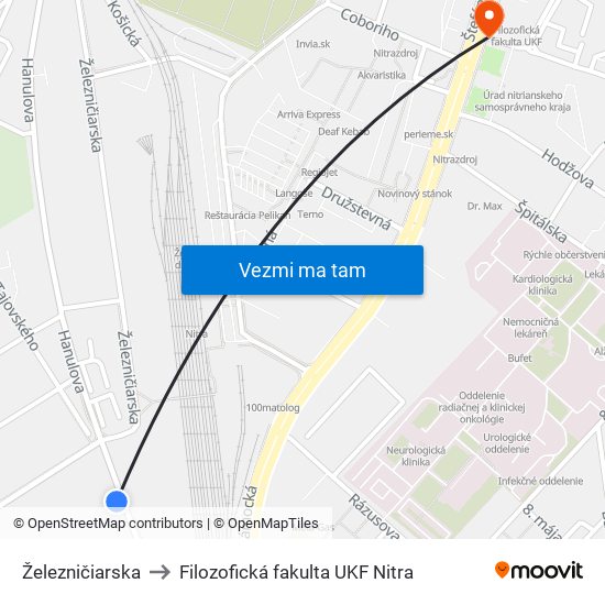 Železničiarska to Filozofická fakulta UKF Nitra map