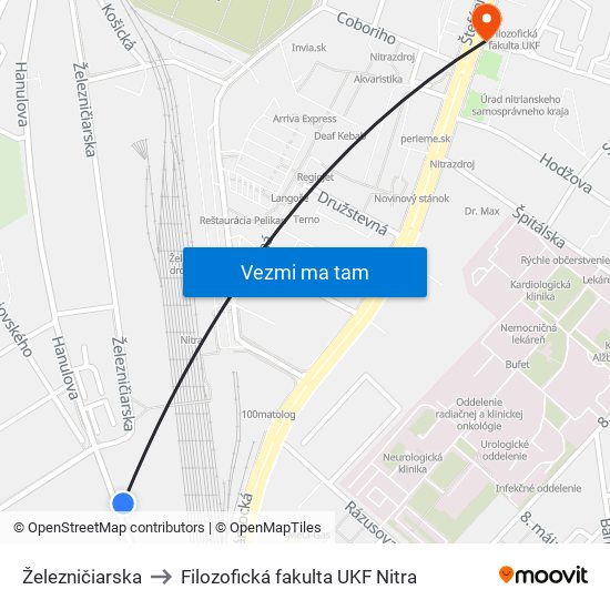 Železničiarska to Filozofická fakulta UKF Nitra map