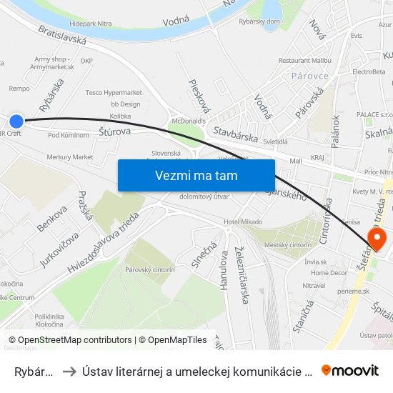 Rybárska to Ústav literárnej a umeleckej komunikácie UKF Nitra map