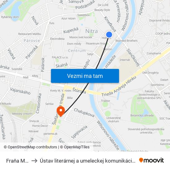 Fraňa Mojtu to Ústav literárnej a umeleckej komunikácie UKF Nitra map