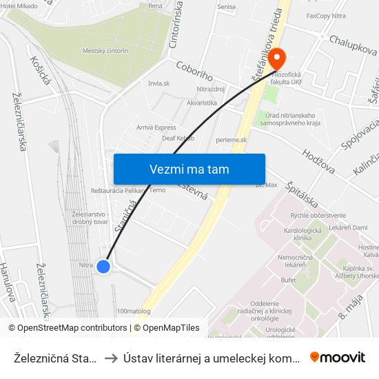 Železničná Stanica Nitra to Ústav literárnej a umeleckej komunikácie UKF Nitra map