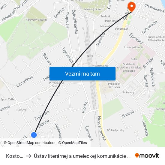 Kostolná to Ústav literárnej a umeleckej komunikácie UKF Nitra map