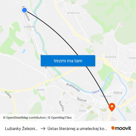 Lužianky Železničná Stanica to Ústav literárnej a umeleckej komunikácie UKF Nitra map