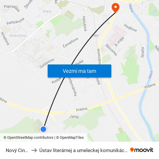 Nový Cintorín to Ústav literárnej a umeleckej komunikácie UKF Nitra map