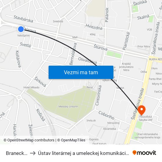 Braneckého to Ústav literárnej a umeleckej komunikácie UKF Nitra map