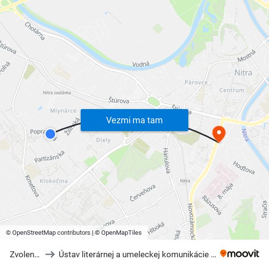 Zvolenská to Ústav literárnej a umeleckej komunikácie UKF Nitra map