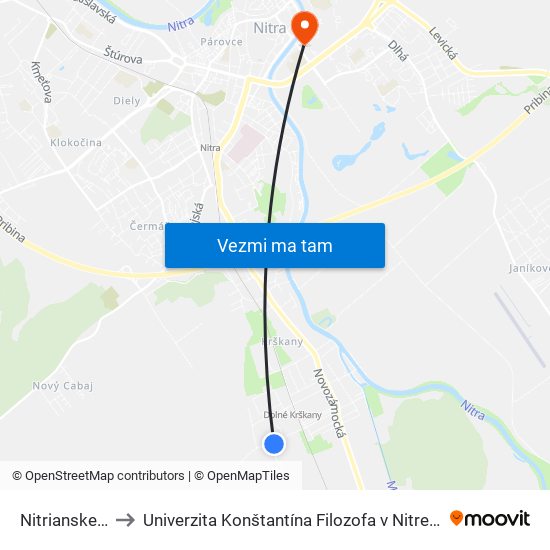 Nitrianske Strojárne to Univerzita Konštantína Filozofa v Nitre študentský domov UKF Nitra map