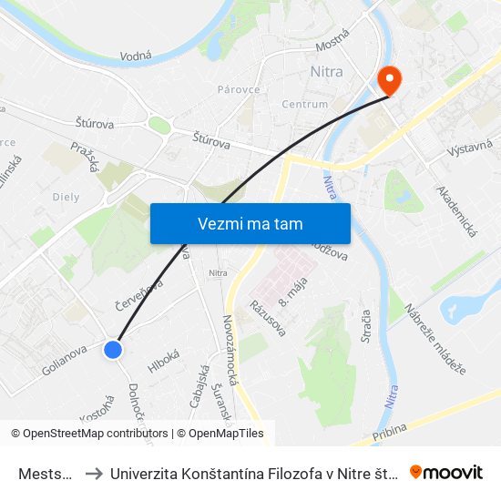 Mestská Hala to Univerzita Konštantína Filozofa v Nitre študentský domov UKF Nitra map