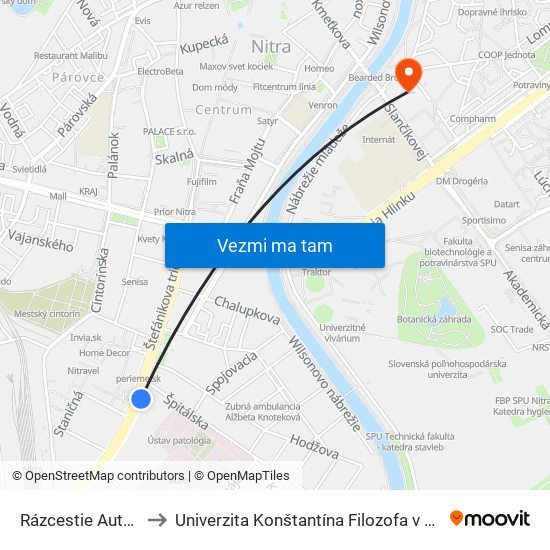 Rázcestie Autobusová Stanica to Univerzita Konštantína Filozofa v Nitre študentský domov UKF Nitra map