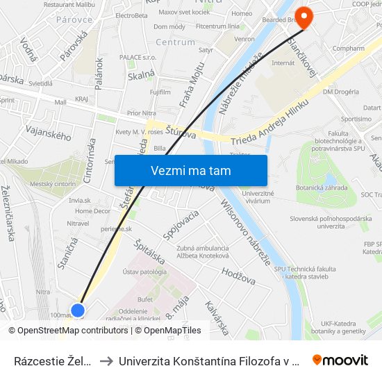 Rázcestie Železničná Stanica to Univerzita Konštantína Filozofa v Nitre študentský domov UKF Nitra map