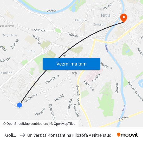 Golianova to Univerzita Konštantína Filozofa v Nitre študentský domov UKF Nitra map