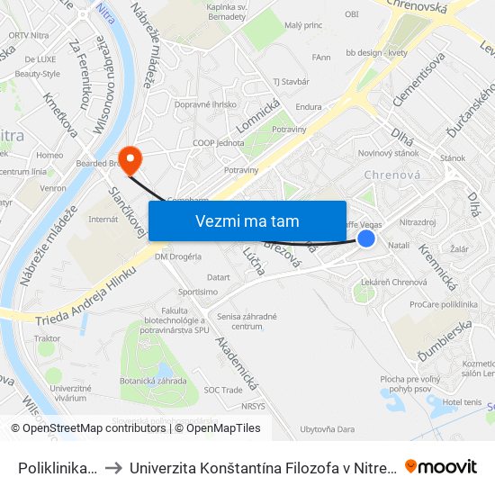 Poliklinika Chrenová to Univerzita Konštantína Filozofa v Nitre študentský domov UKF Nitra map