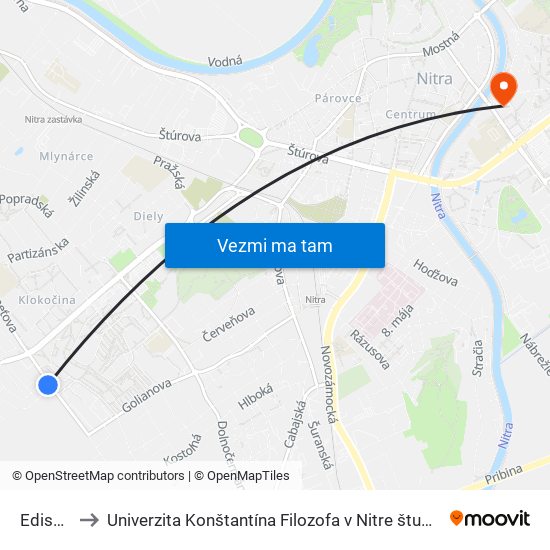 Edisonova to Univerzita Konštantína Filozofa v Nitre študentský domov UKF Nitra map