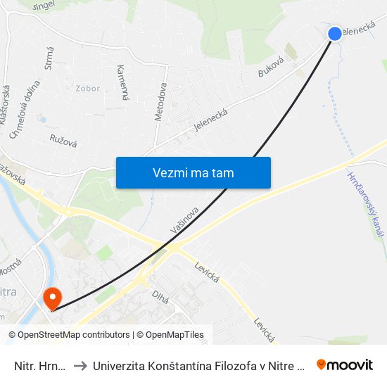 Nitr. Hrnčiarovce to Univerzita Konštantína Filozofa v Nitre študentský domov UKF Nitra map