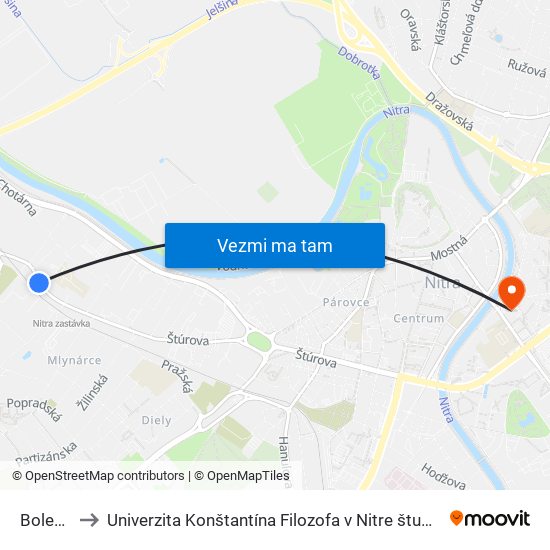 Bolečkova to Univerzita Konštantína Filozofa v Nitre študentský domov UKF Nitra map