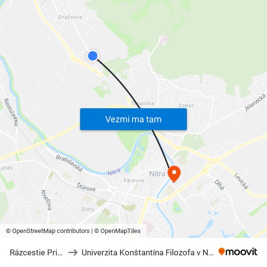 Rázcestie Priemyselný Park to Univerzita Konštantína Filozofa v Nitre študentský domov UKF Nitra map