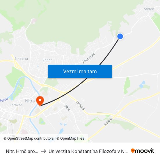 Nitr. Hrnčiarovce Vinohrady to Univerzita Konštantína Filozofa v Nitre študentský domov UKF Nitra map