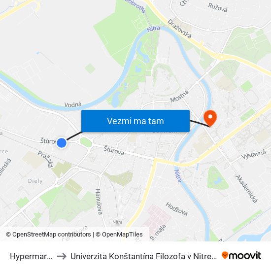 Hypermarket Tesco to Univerzita Konštantína Filozofa v Nitre študentský domov UKF Nitra map