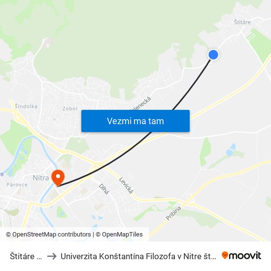 Štitáre Šöpröš to Univerzita Konštantína Filozofa v Nitre študentský domov UKF Nitra map