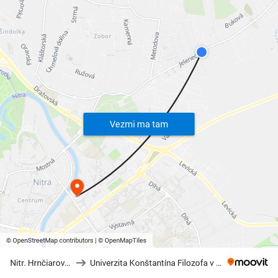 Nitr. Hrnčiarovce POD Sokolom to Univerzita Konštantína Filozofa v Nitre študentský domov UKF Nitra map