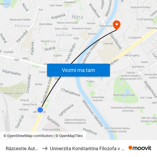 Rázcestie Autobusová Stanica to Univerzita Konštantína Filozofa v Nitre študentský domov UKF Nitra map