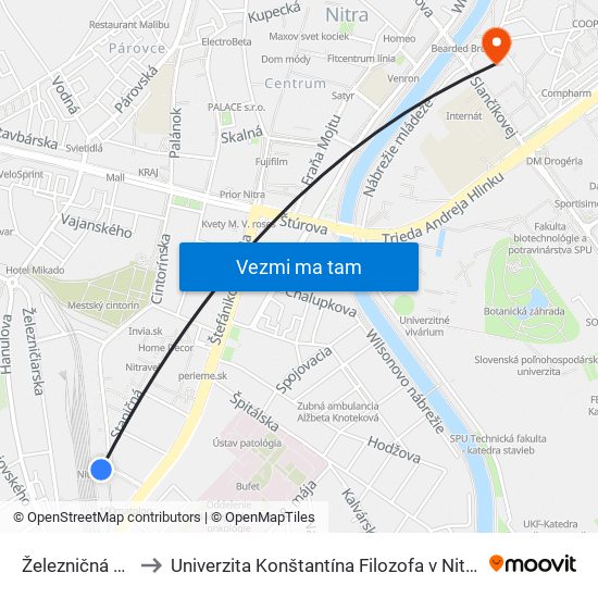 Železničná Stanica Nitra to Univerzita Konštantína Filozofa v Nitre študentský domov UKF Nitra map