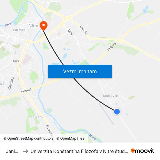 Janíkovce to Univerzita Konštantína Filozofa v Nitre študentský domov UKF Nitra map