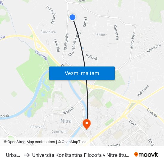 Urbancova to Univerzita Konštantína Filozofa v Nitre študentský domov UKF Nitra map