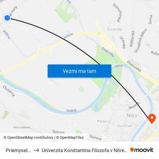 Priemyselný Park IV to Univerzita Konštantína Filozofa v Nitre študentský domov UKF Nitra map