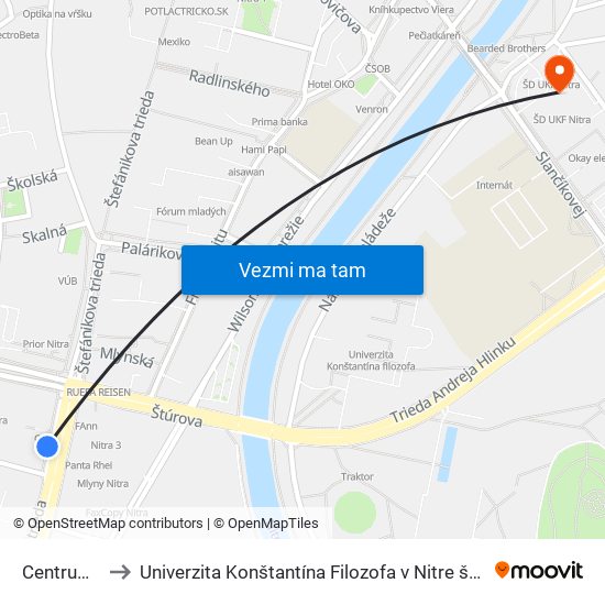 Centrum, Mlyny to Univerzita Konštantína Filozofa v Nitre študentský domov UKF Nitra map