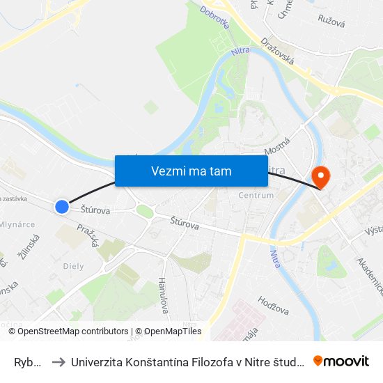 Rybárska to Univerzita Konštantína Filozofa v Nitre študentský domov UKF Nitra map