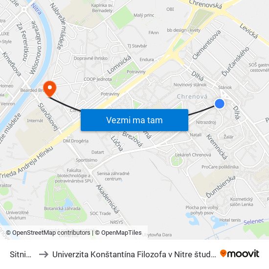 Sitnianska to Univerzita Konštantína Filozofa v Nitre študentský domov UKF Nitra map