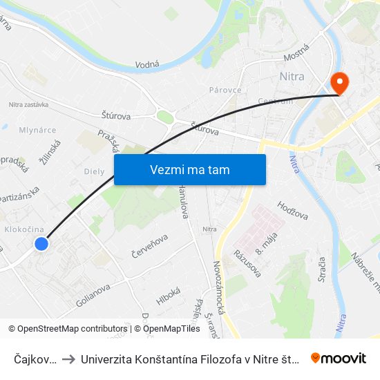 Čajkovského to Univerzita Konštantína Filozofa v Nitre študentský domov UKF Nitra map