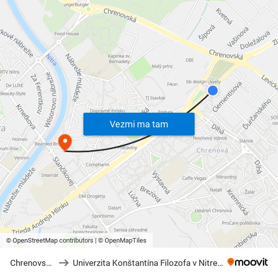 Chrenovský Cintorín to Univerzita Konštantína Filozofa v Nitre študentský domov UKF Nitra map