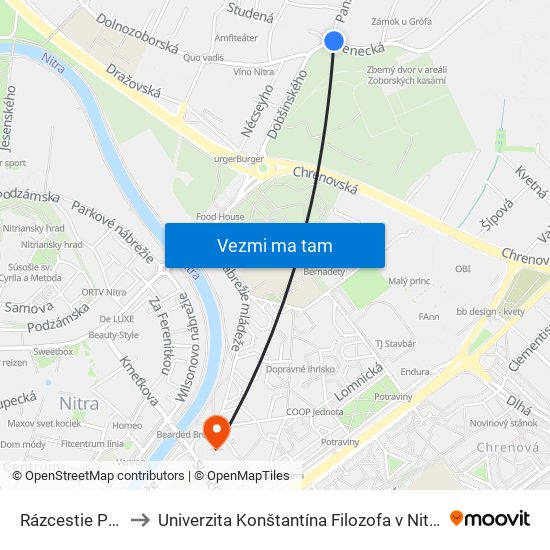 Rázcestie Panská Dolina to Univerzita Konštantína Filozofa v Nitre študentský domov UKF Nitra map