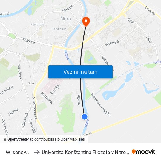 Wilsonovo Nábrežie to Univerzita Konštantína Filozofa v Nitre študentský domov UKF Nitra map