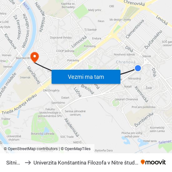 Sitnianska to Univerzita Konštantína Filozofa v Nitre študentský domov UKF Nitra map