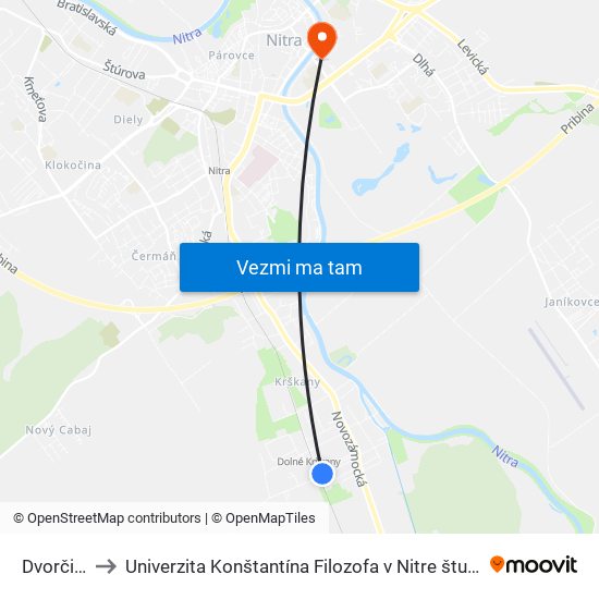 Dvorčianska to Univerzita Konštantína Filozofa v Nitre študentský domov UKF Nitra map