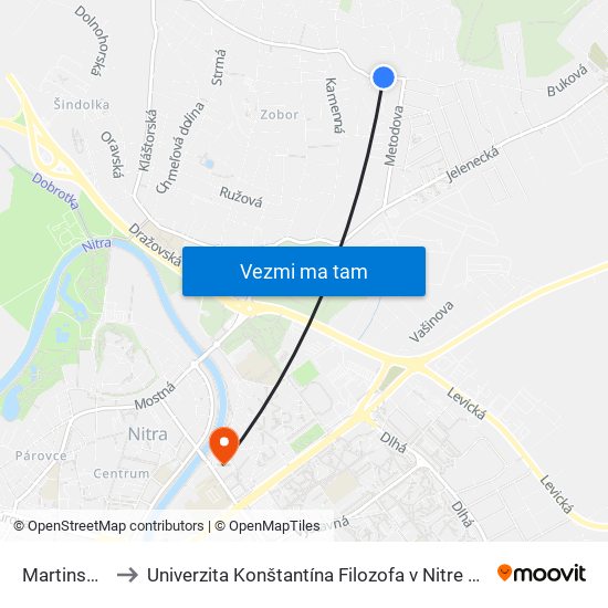 Martinská Dolina to Univerzita Konštantína Filozofa v Nitre študentský domov UKF Nitra map